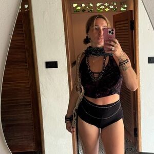 Open Back Black Purple Tie-Dye Slit Weave Halter Plush Hippie Boho Top